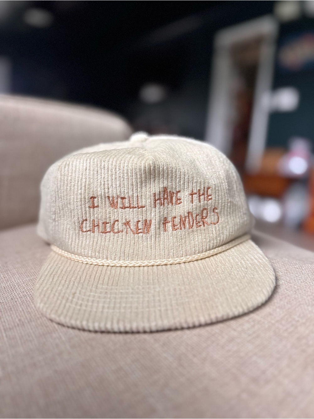Cream Corduroy Hat with Rust Embroidery